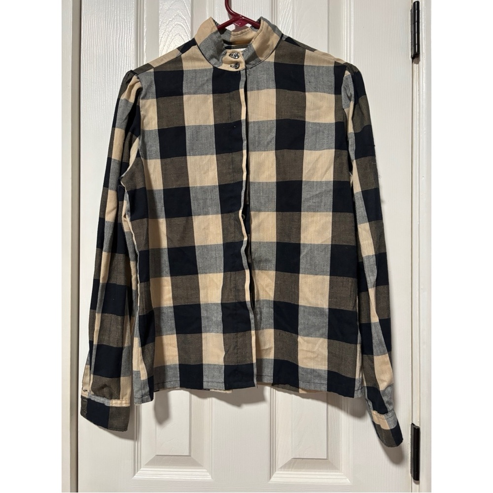 Stuffed Shirt women’s plaid Long Sleeve button down blouse Black Tan collar cozy